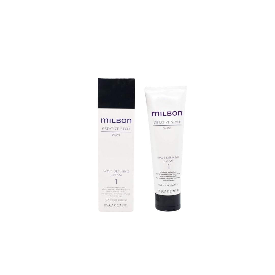 Milbon Creative Style Wave Defining Cream bottle pour showing hydrating formula for waves