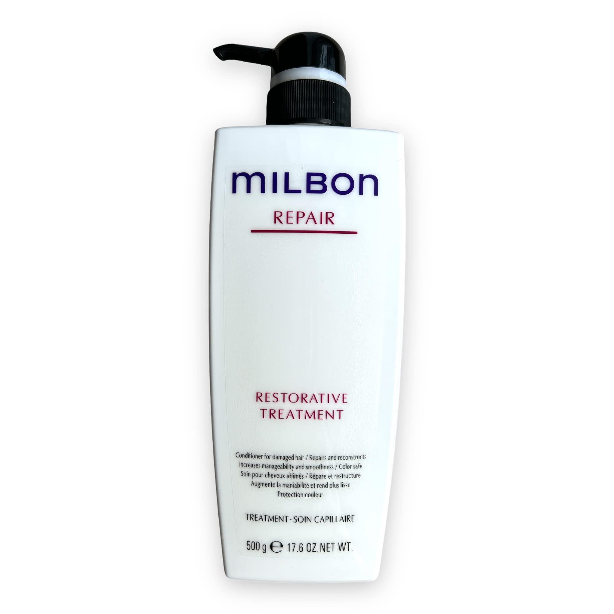 Milbon Repair Restorative Conditioner label emphasizes repair and smoothness benefits