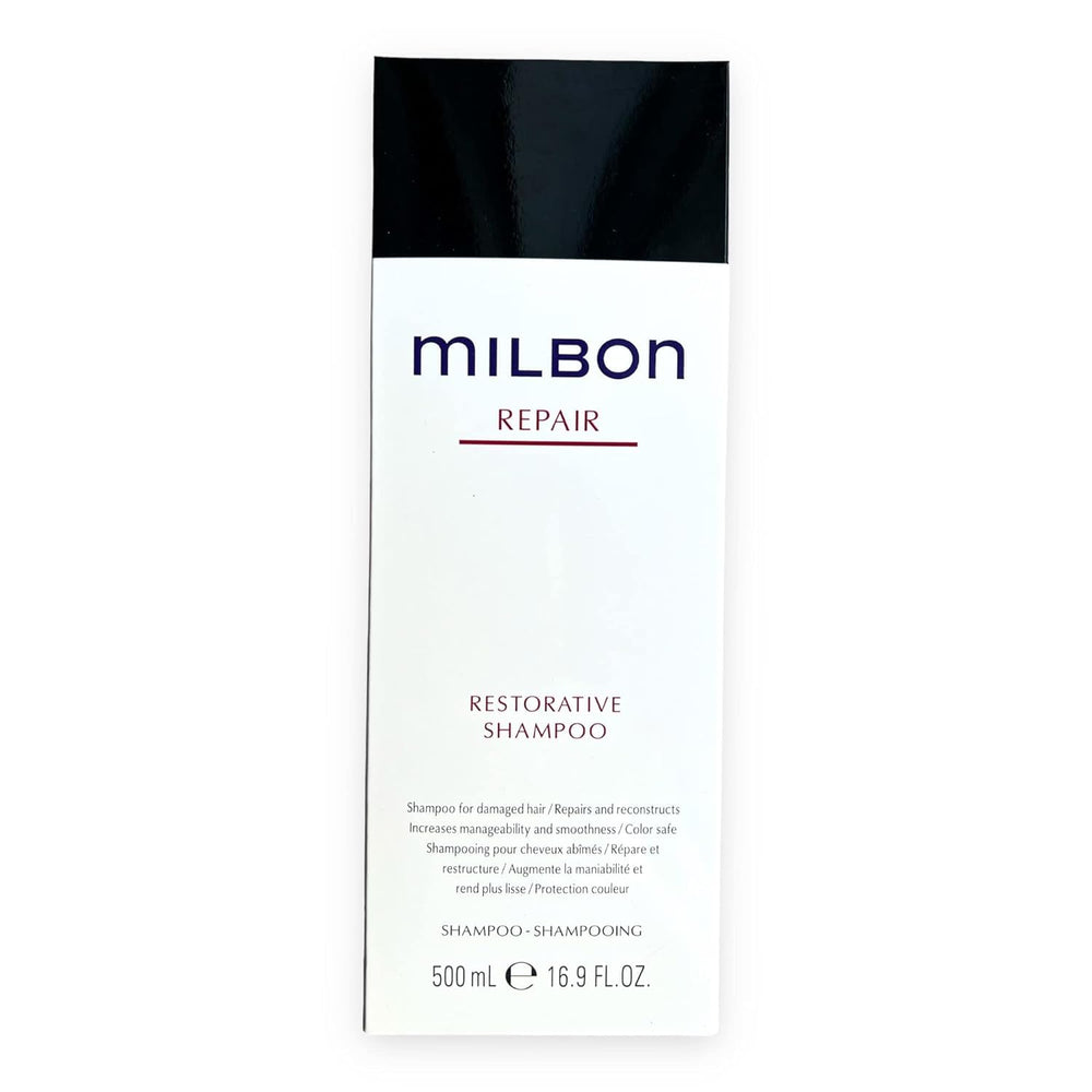 Milbon Repair Restorative Shampoo bottle front, showcasing a nourishing formula for damaged hair.