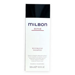Milbon Repair Restorative Shampoo bottle front, showcasing a nourishing formula for damaged hair.
