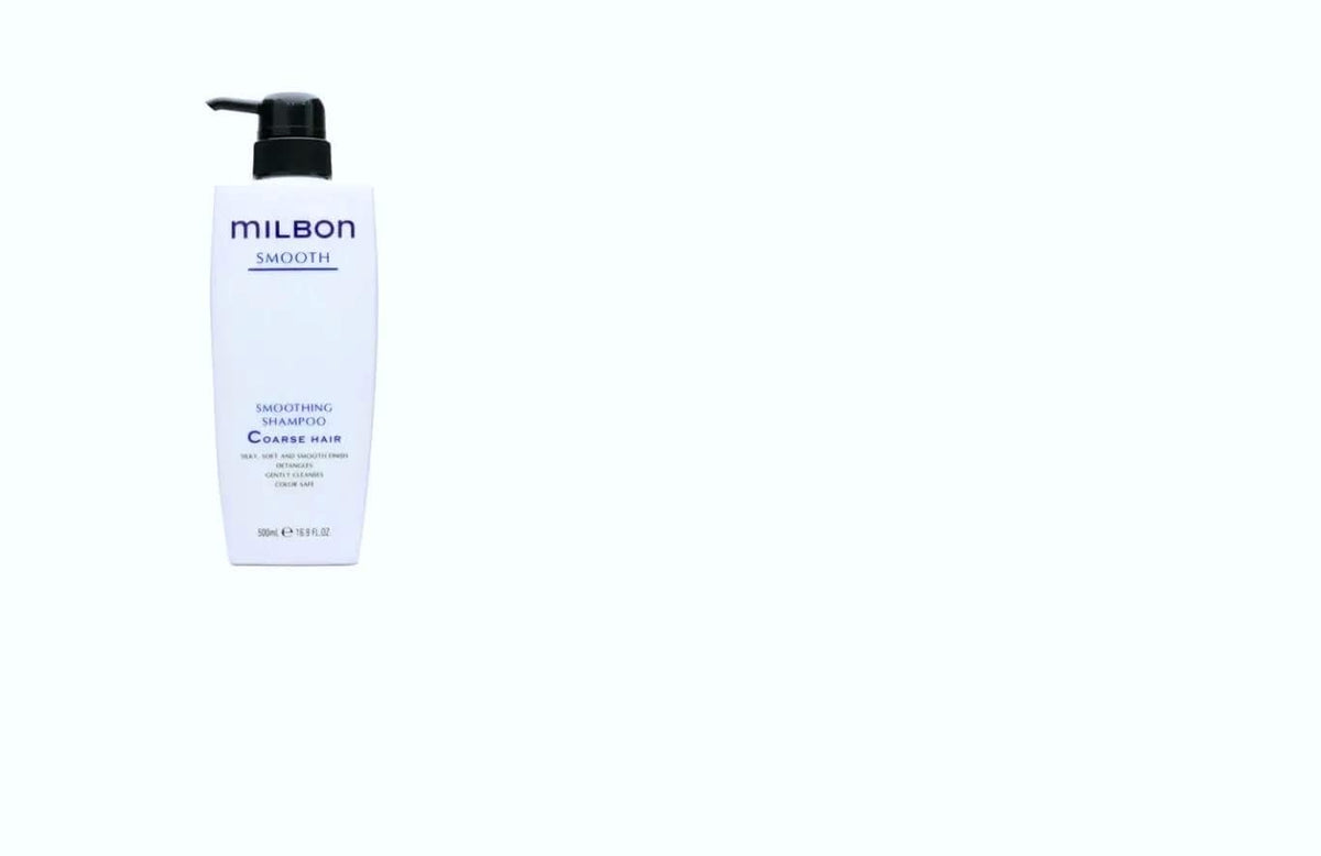 Milbon Smooth Smoothing Shampoo bottle front, detangles and smooths coarse hair effectively.