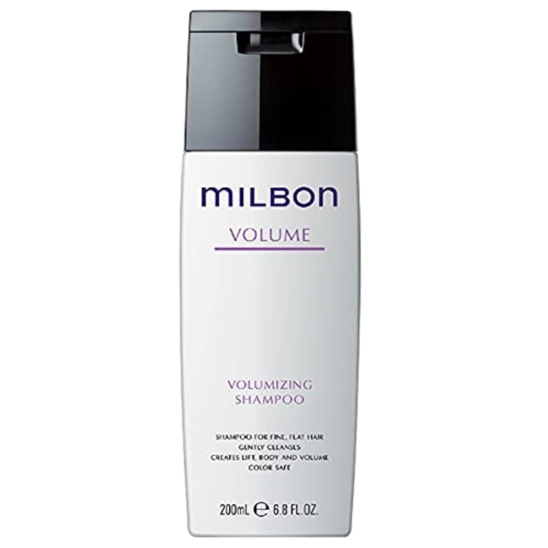 Milbon Volumizing Shampoo bottle pouring to show cleansing action and prepared-for-styling body.