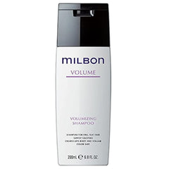 Milbon Volumizing Shampoo bottle pouring to show cleansing action and prepared-for-styling body.