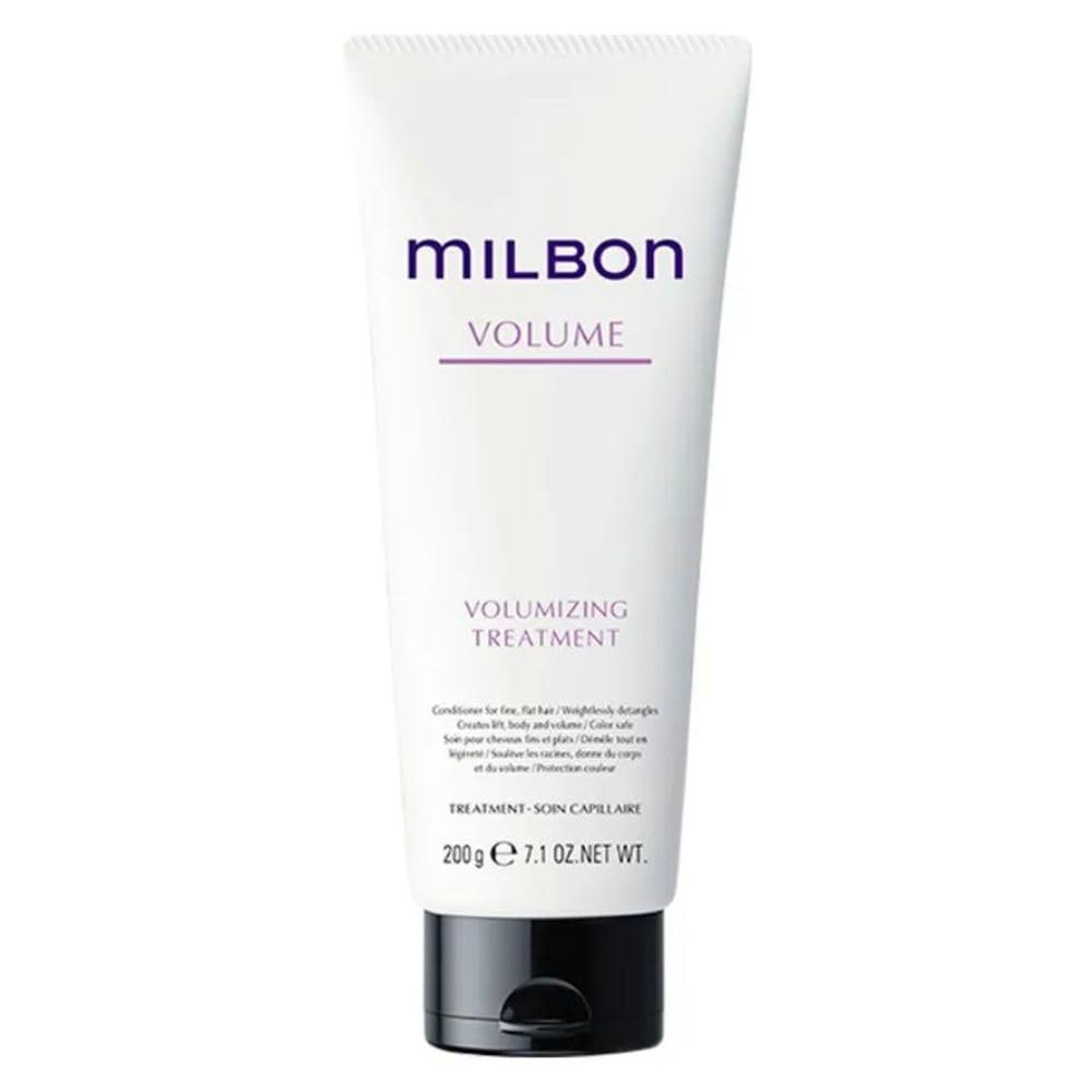 Milbon Volumizing Treatment Conditioner bottle provides weightless lift for fine hair.