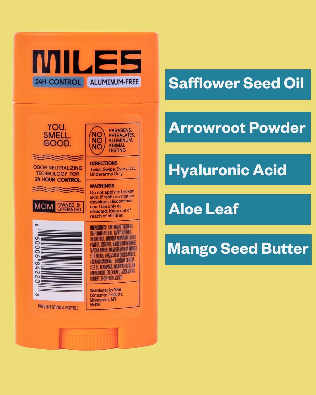 Miles Kids Deodorant packaging shows aluminum-free badge for safety.