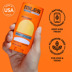 Label on Miles Kids Deodorant highlights natural ingredients and aluminum-free formula.