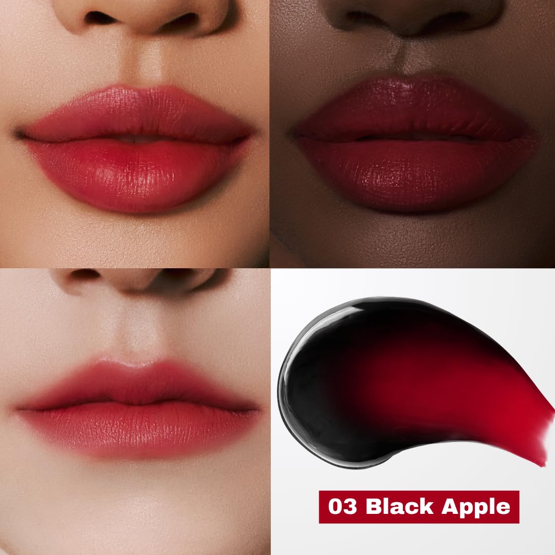 MILKTOUCH Black Apple lip tint color reveal shows bold color after peeling the black layer.