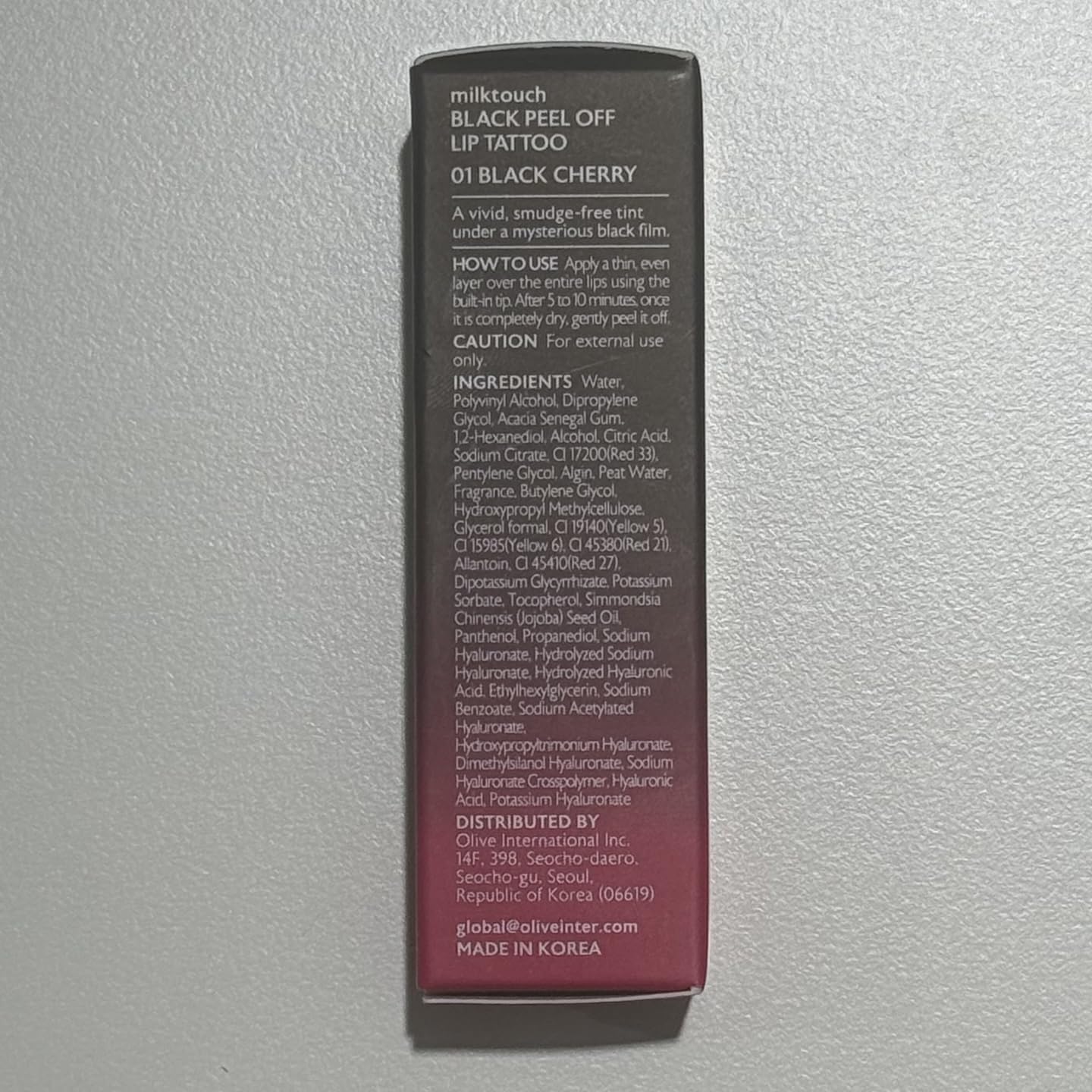 MILKTOUCH Black Cherry tint closeup highlights deep pigmentation and smooth finish.