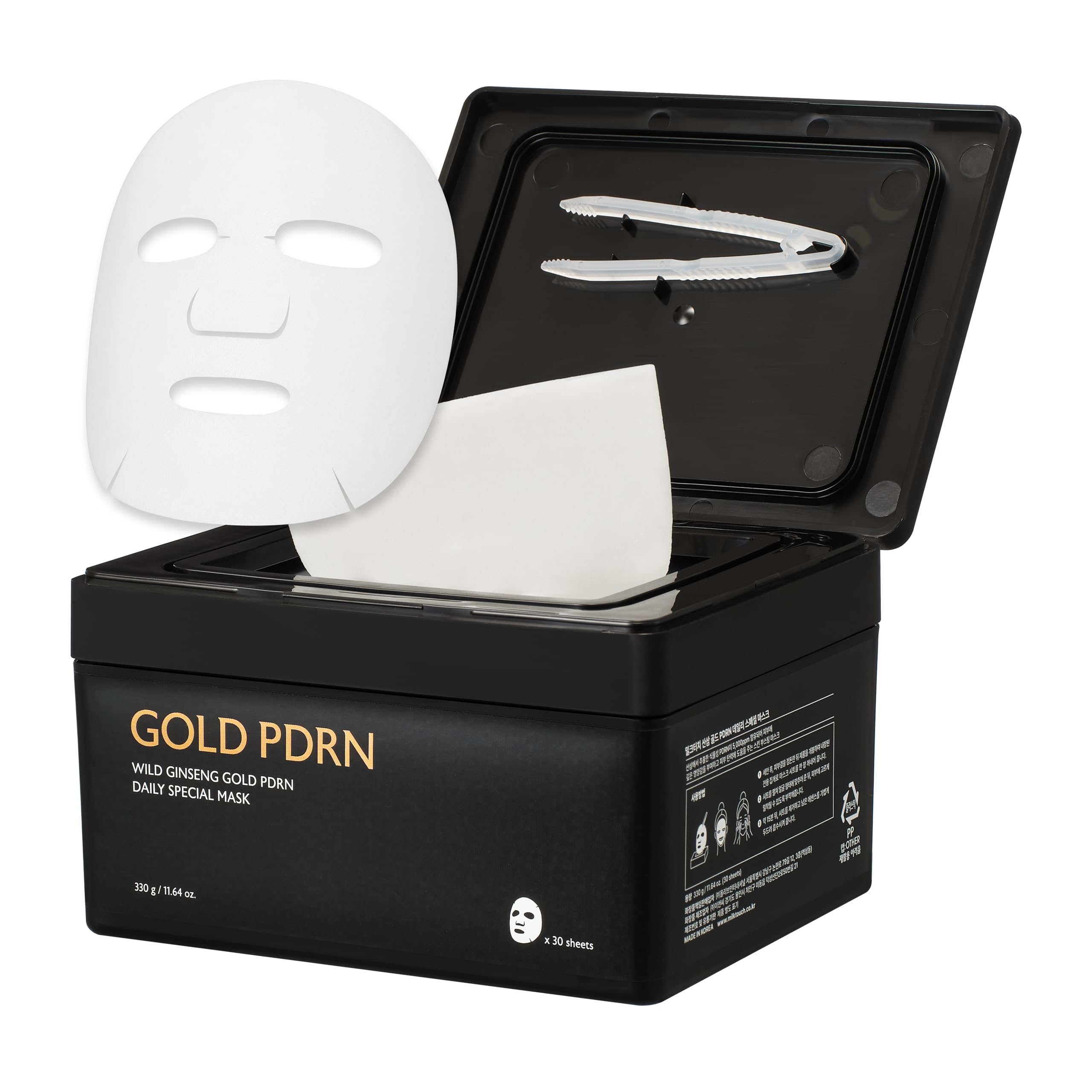MILKTOUCH Gold PDRN Daily Mask packshot shows premium anti-aging care for mature skin with hydration.