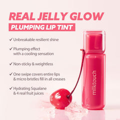 MILKTOUCH glassy jelly glow lip tint close-up highlighting shine.