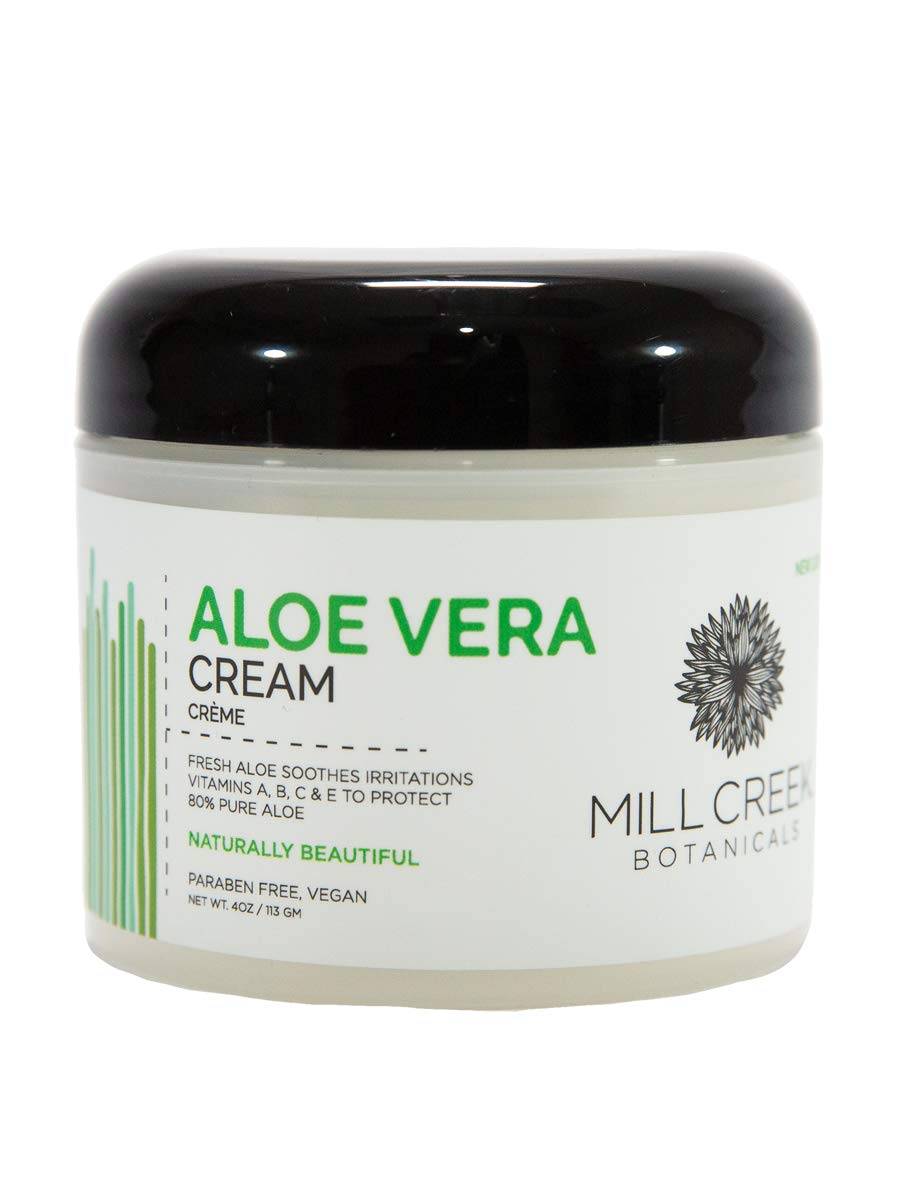 Mill Creek Aloe Vera Cream 4 oz soothes, hydrates with 80% aloe and vitamins A, B, C, E.