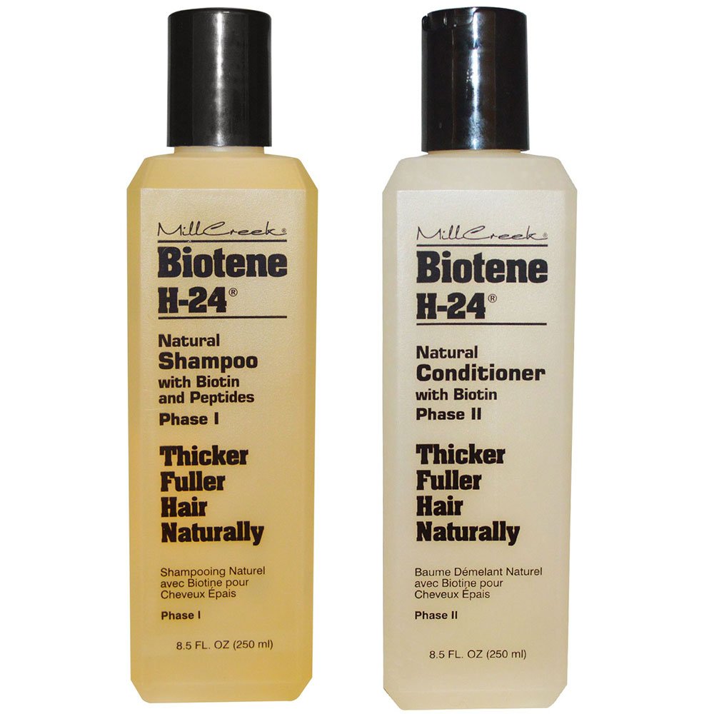 Mill Creek Biotene H-24 Shampoo bottle demonstrates a hydrating formula for daily cleansing.