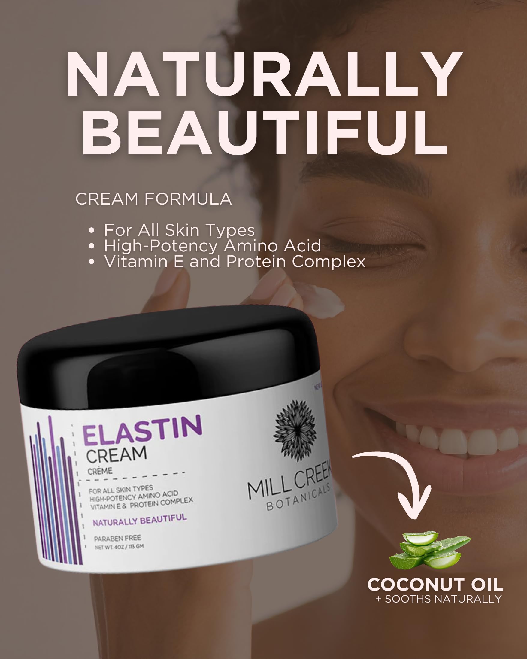 Mill Creek Elastin Cream jar packaging conveys natural ingredients and trust