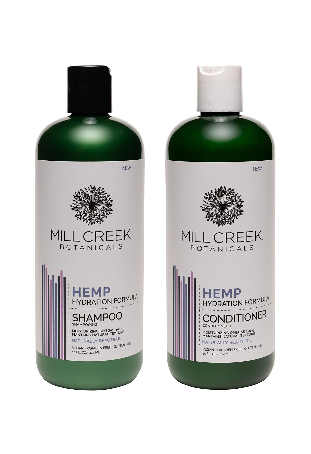 Mill Creek hemp bundle bottles front view for moisturized, manageable hair.