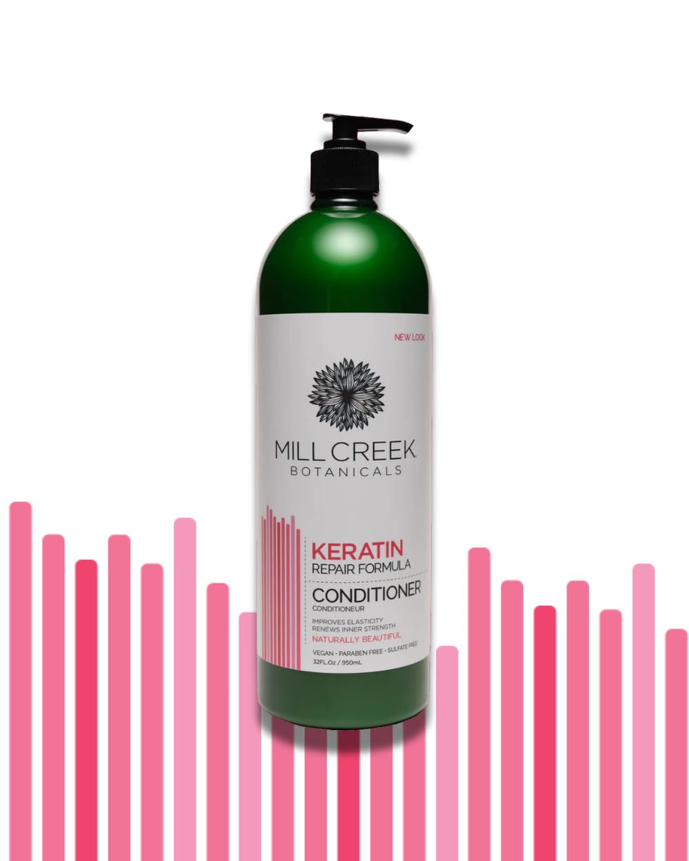 Mill Creek Keratin Conditioner label highlighting color-safe, pH-balanced care.
