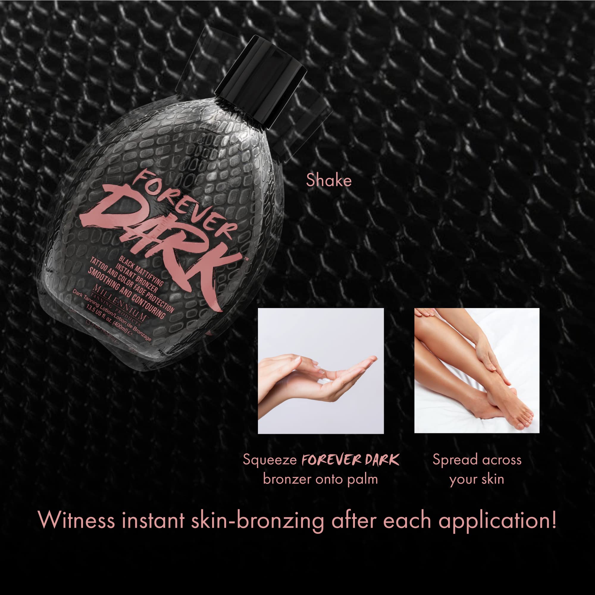 Millennium Tanning Forever Dark in-use swatch demonstrates instant color and subtle firming.
