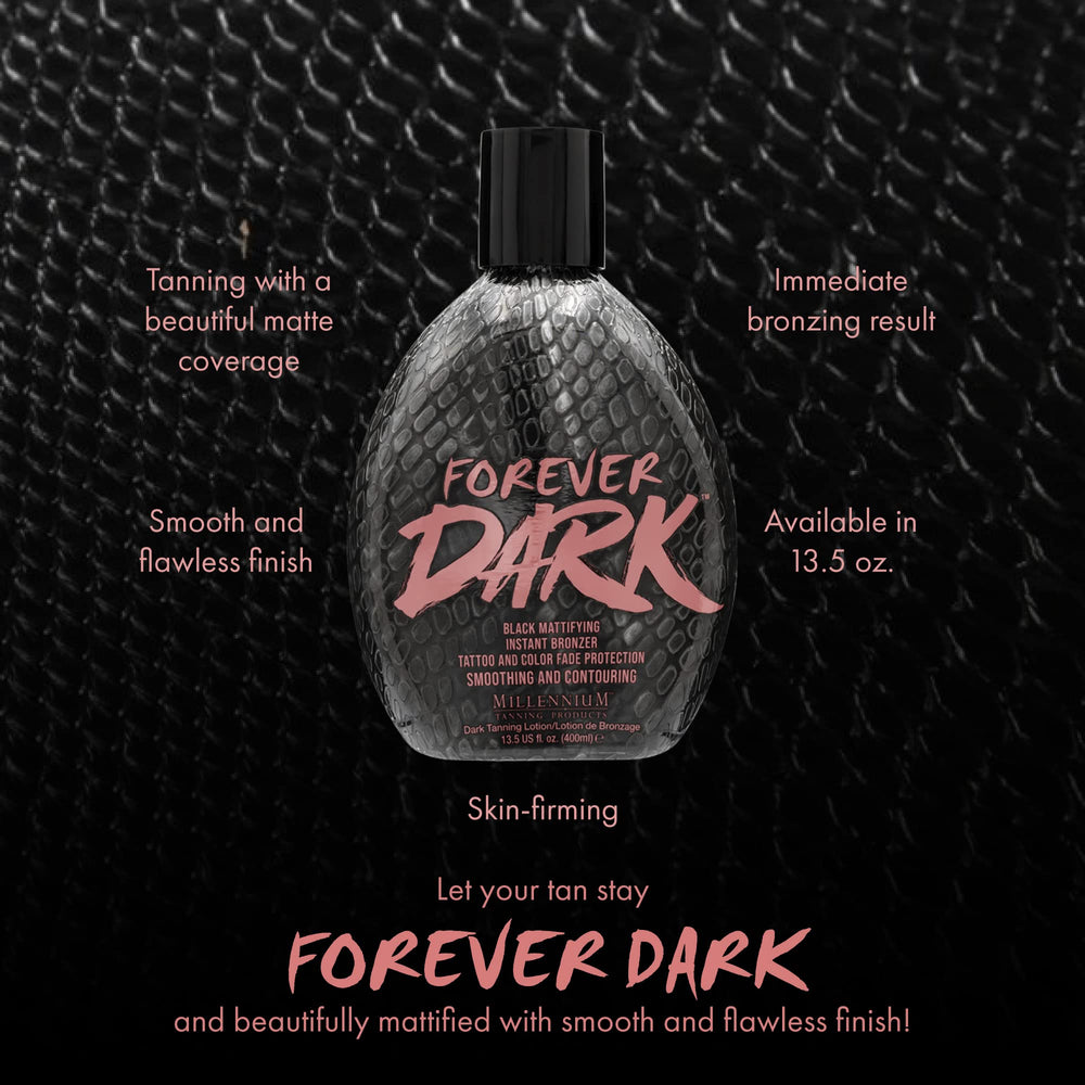 Millennium Tanning Forever Dark lotion pump highlights matte finish and smooth skin.