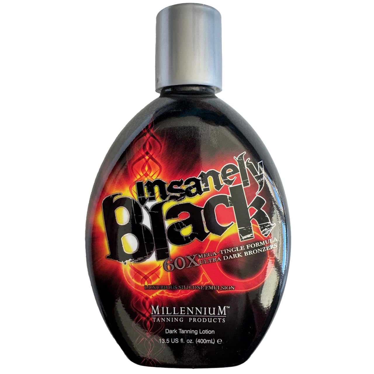 Millennium Tanning Insanely Black 60x bottle front highlights a deep bronze glow