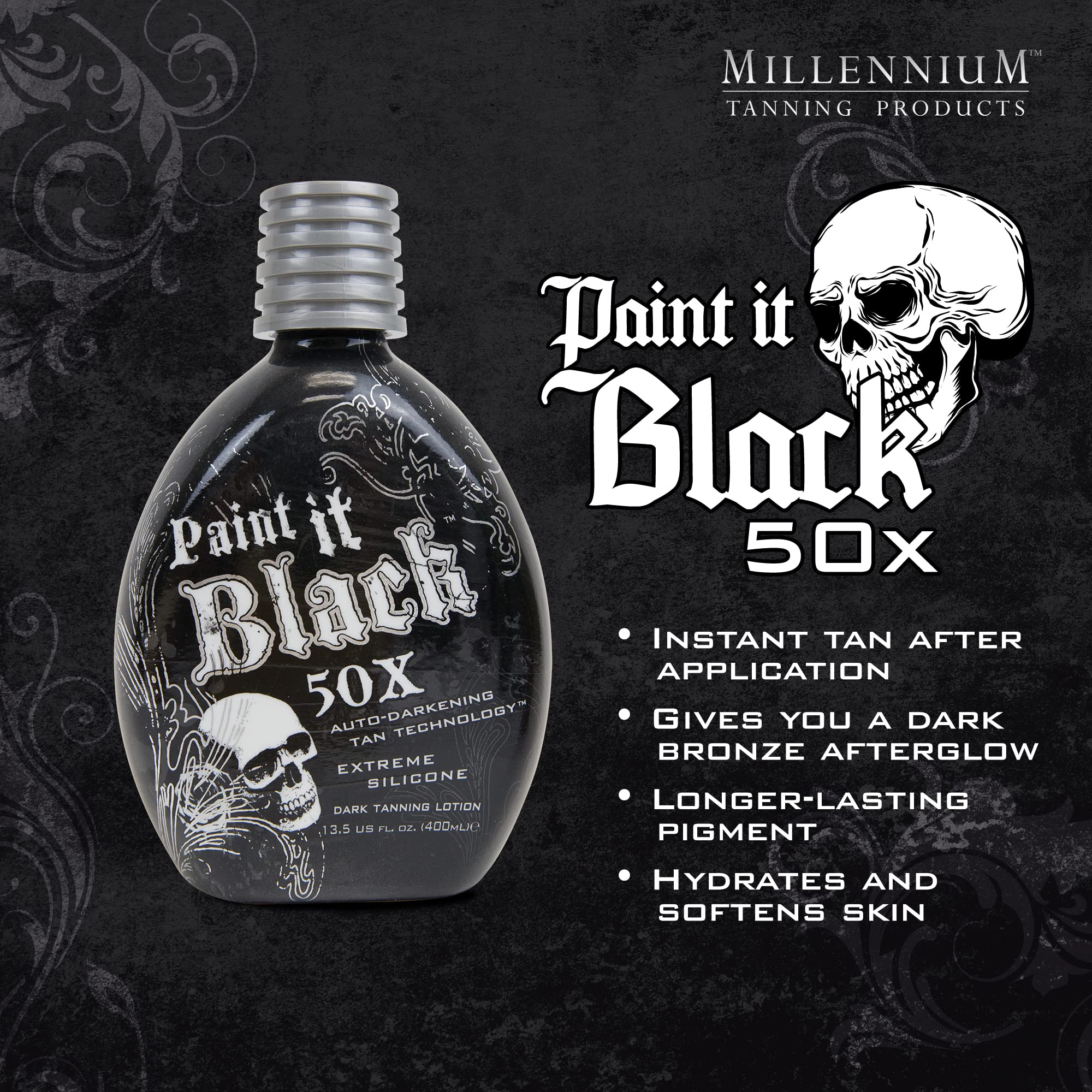 Millennium Tanning Paint It Black 50x lotion application showing deep color potential.