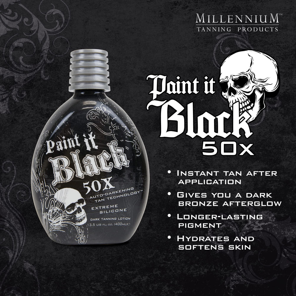 Millennium Tanning Paint It Black 50x lotion application showing deep color potential.