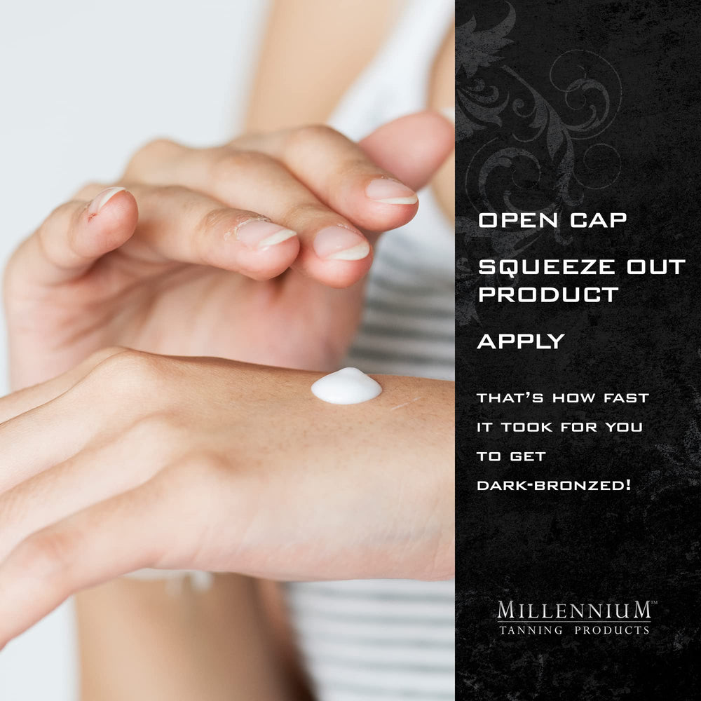 Millennium Tanning Paint It Black 50x outdoor tan booster on skin for extended glow.