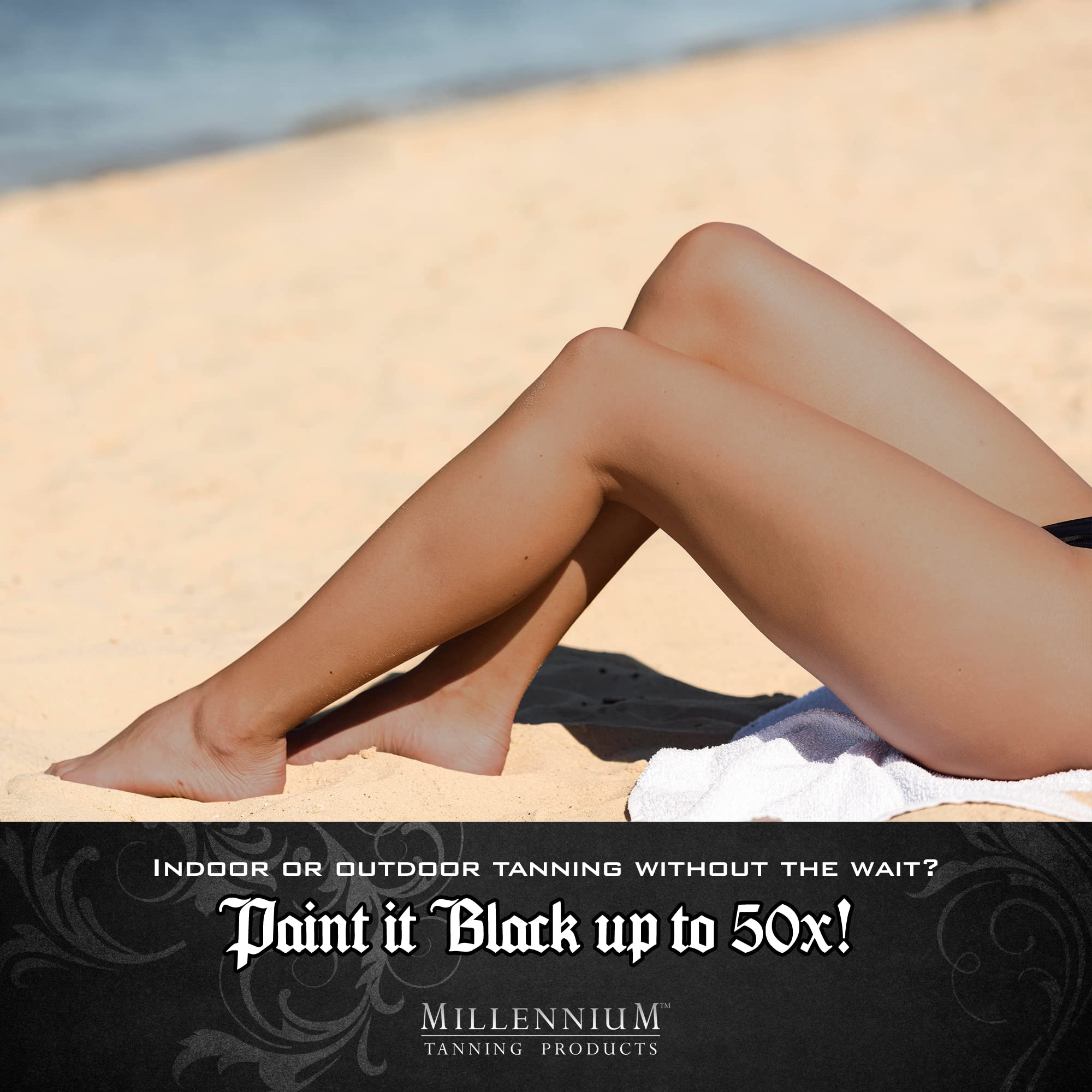 Millennium Tanning Paint It Black 50x 13 oz packaging on shelf for convenient use.