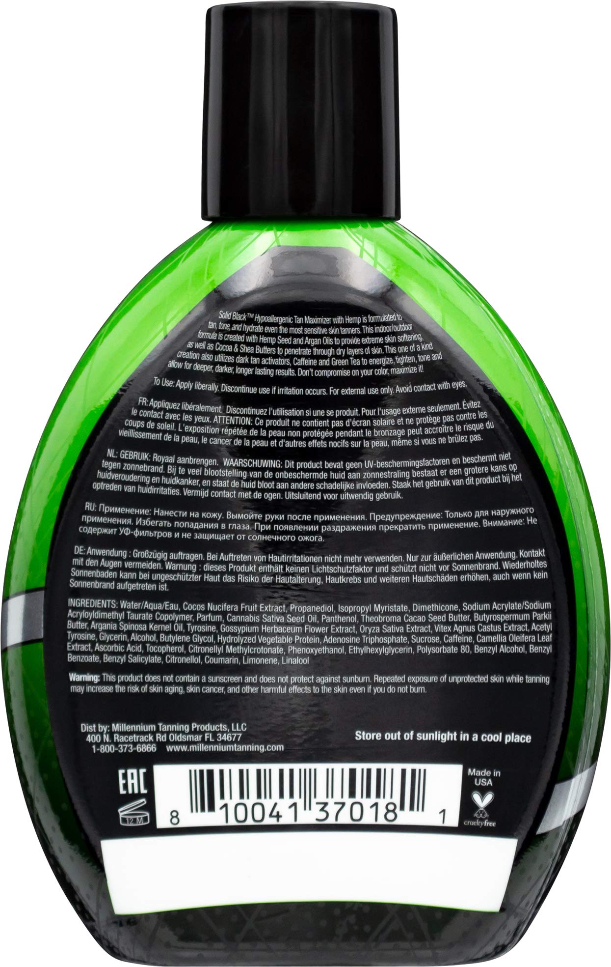 Millennium Tanning Solid Black 13oz bottle back label showing ingredients.