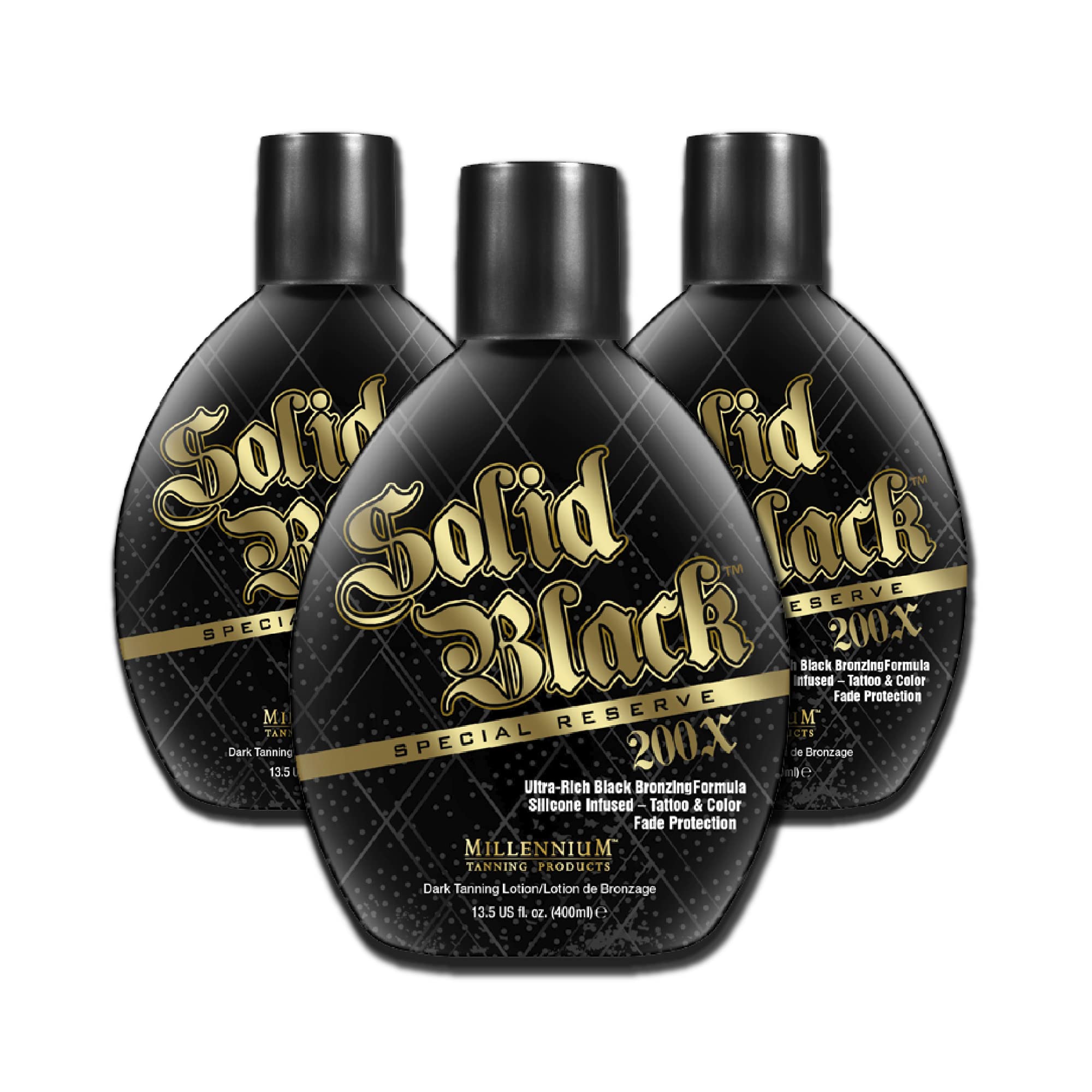 Millennium Tanning Solid Black 200X bottle offers a luxurious bronzing effect for deeper color