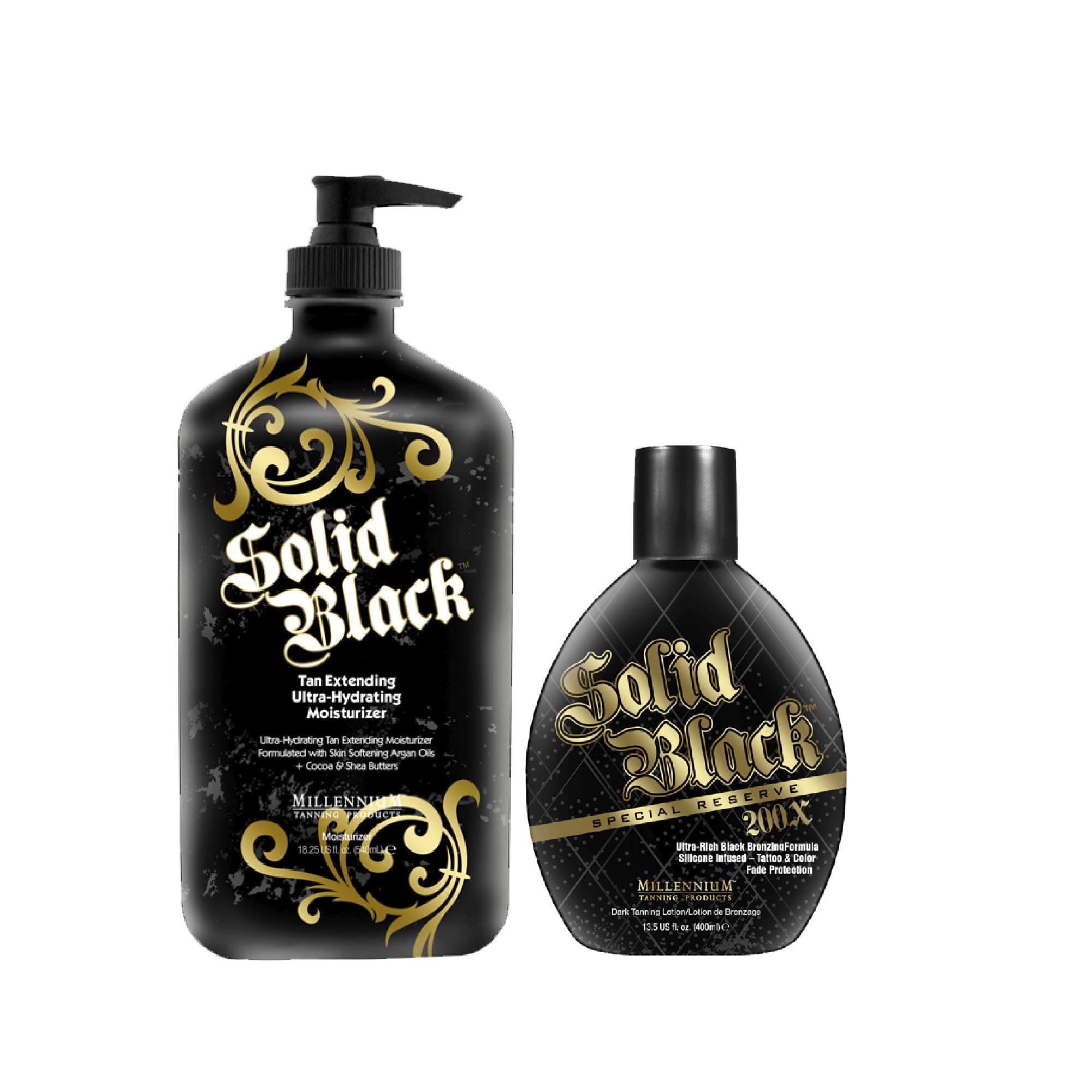Millennium Tanning Solid Black 200X bronzer bottle for a deep, even bronze