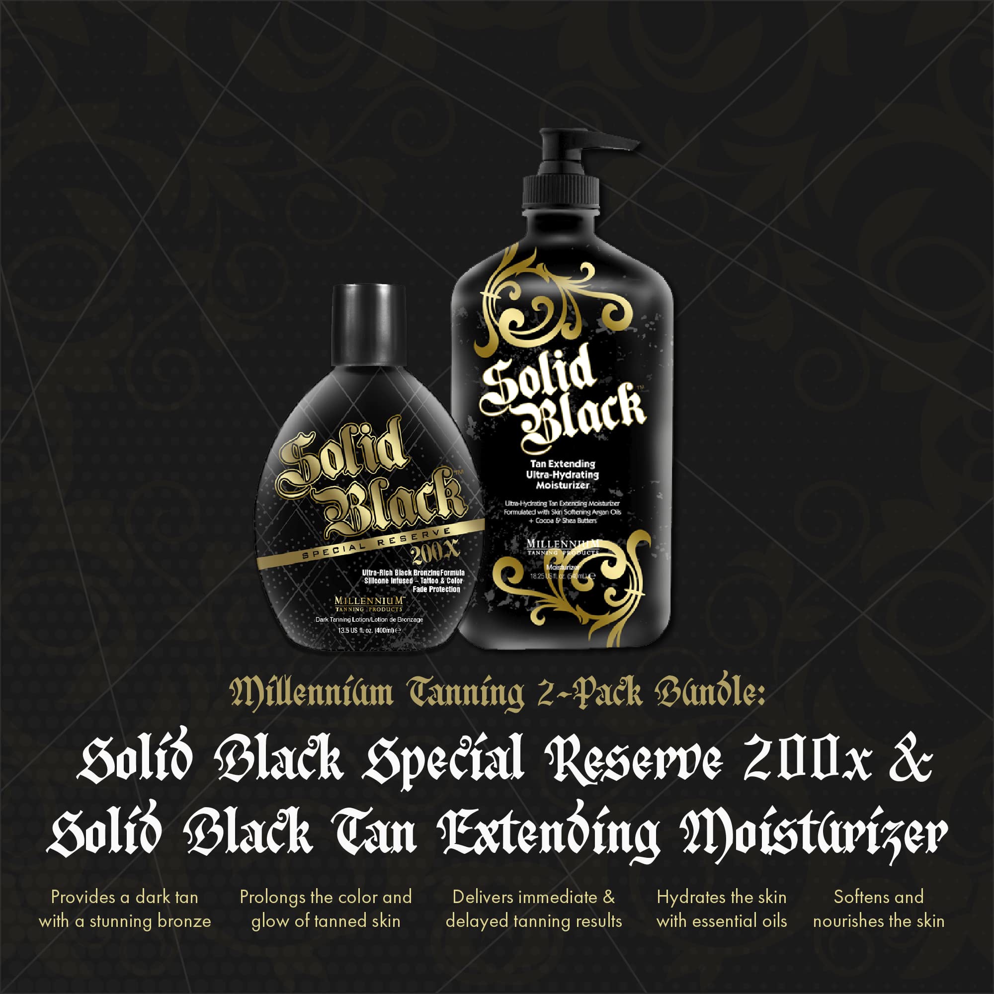 Millennium Tanning Solid Black packaging shows sizes 13.5 oz and 18.25 oz