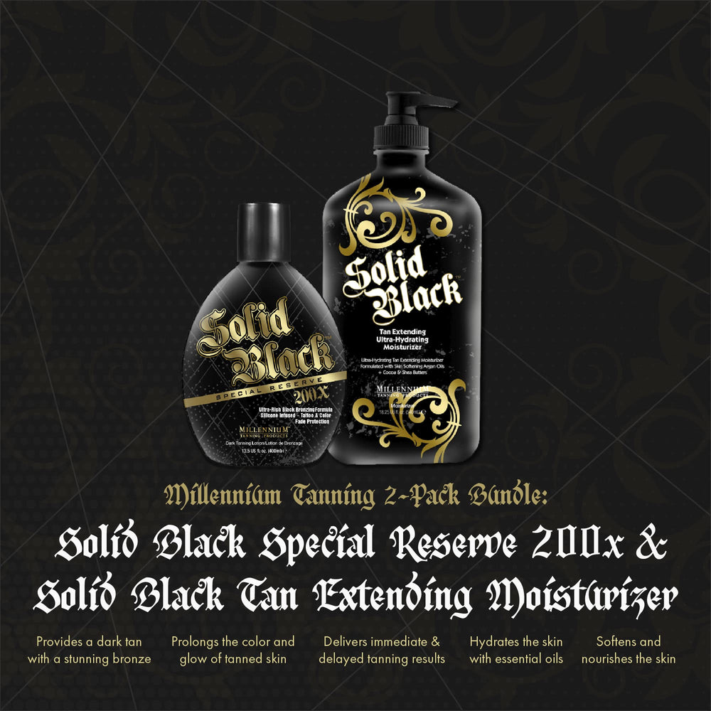 Millennium Tanning Solid Black packaging shows sizes 13.5 oz and 18.25 oz