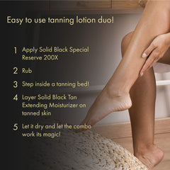 Millennium Tanning Solid Black 200X tan extender bottle highlights hydration