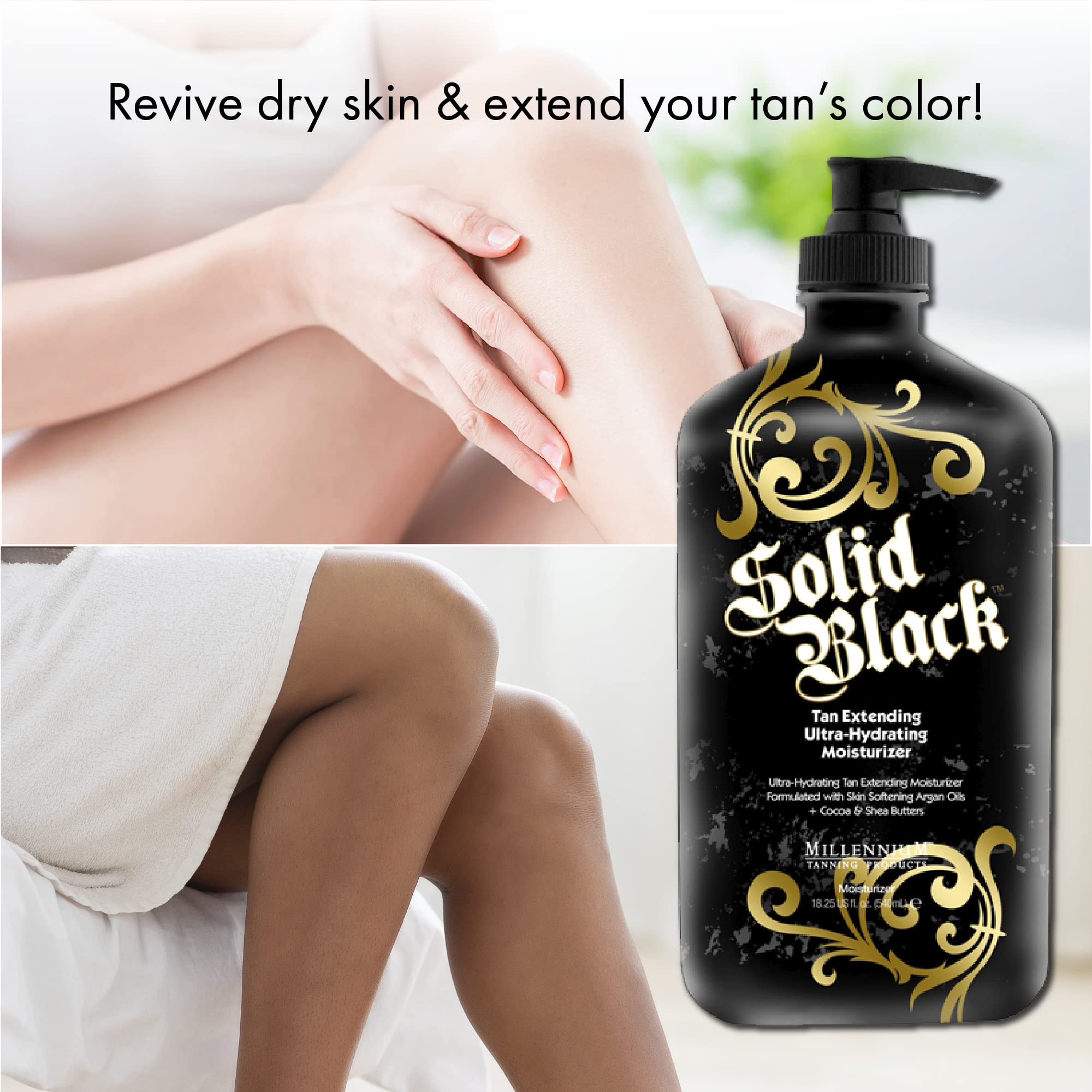 Millennium Solid Black Tan Extender cream texture on skin for even coverage.