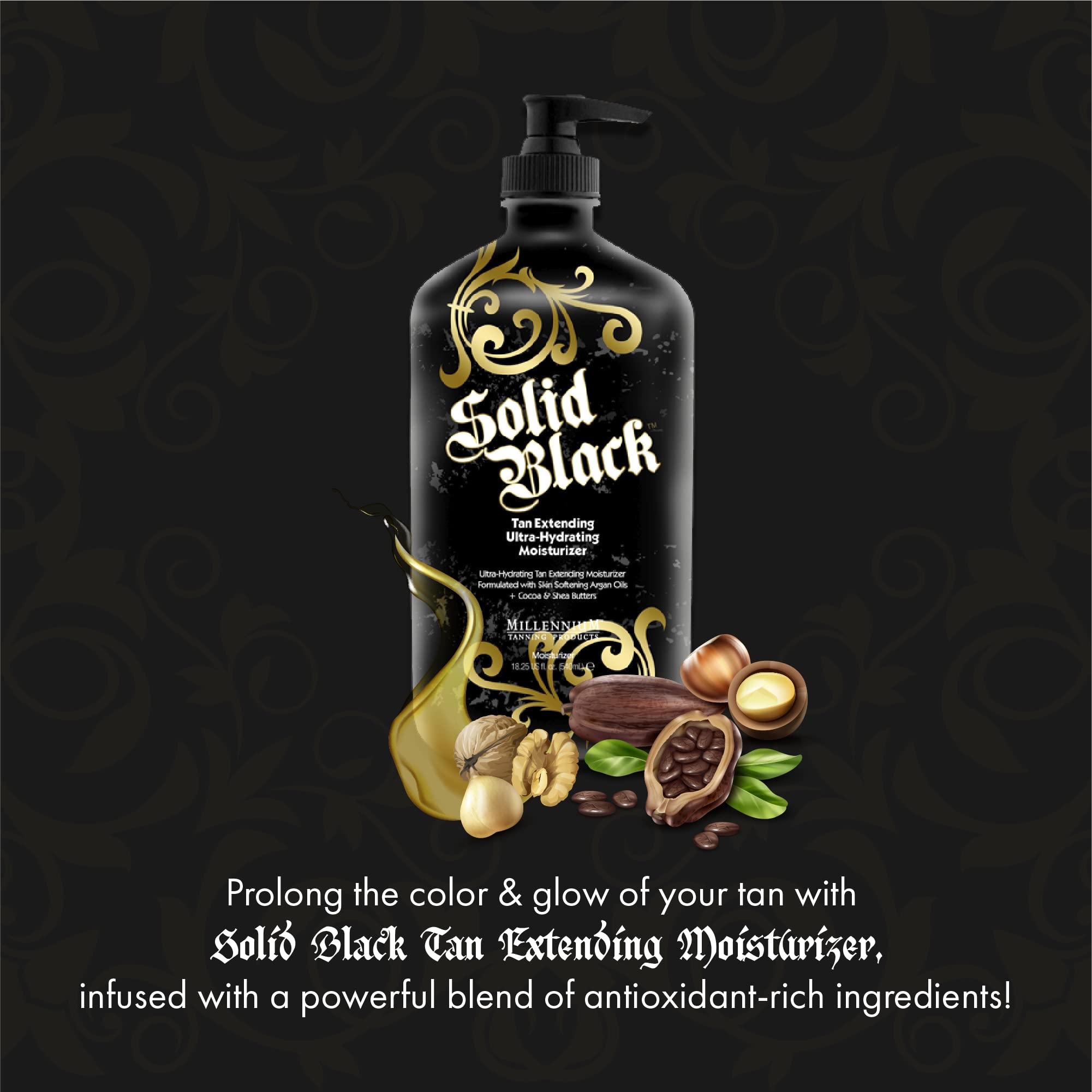 Millennium Solid Black Tan Extender packaging highlights USA-made formula.