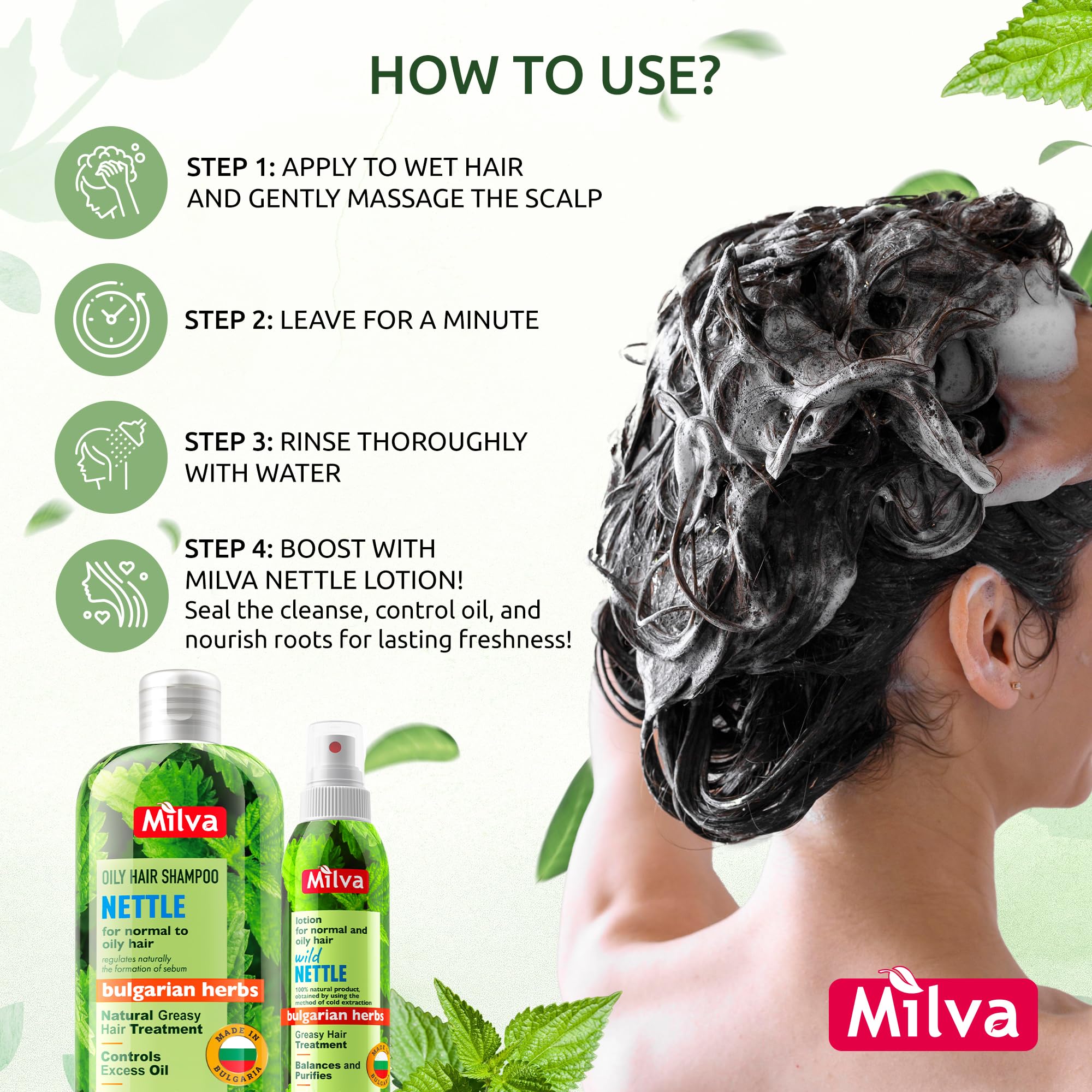 Milva Nettle Shampoo after use shows shine and fullness in the hair.