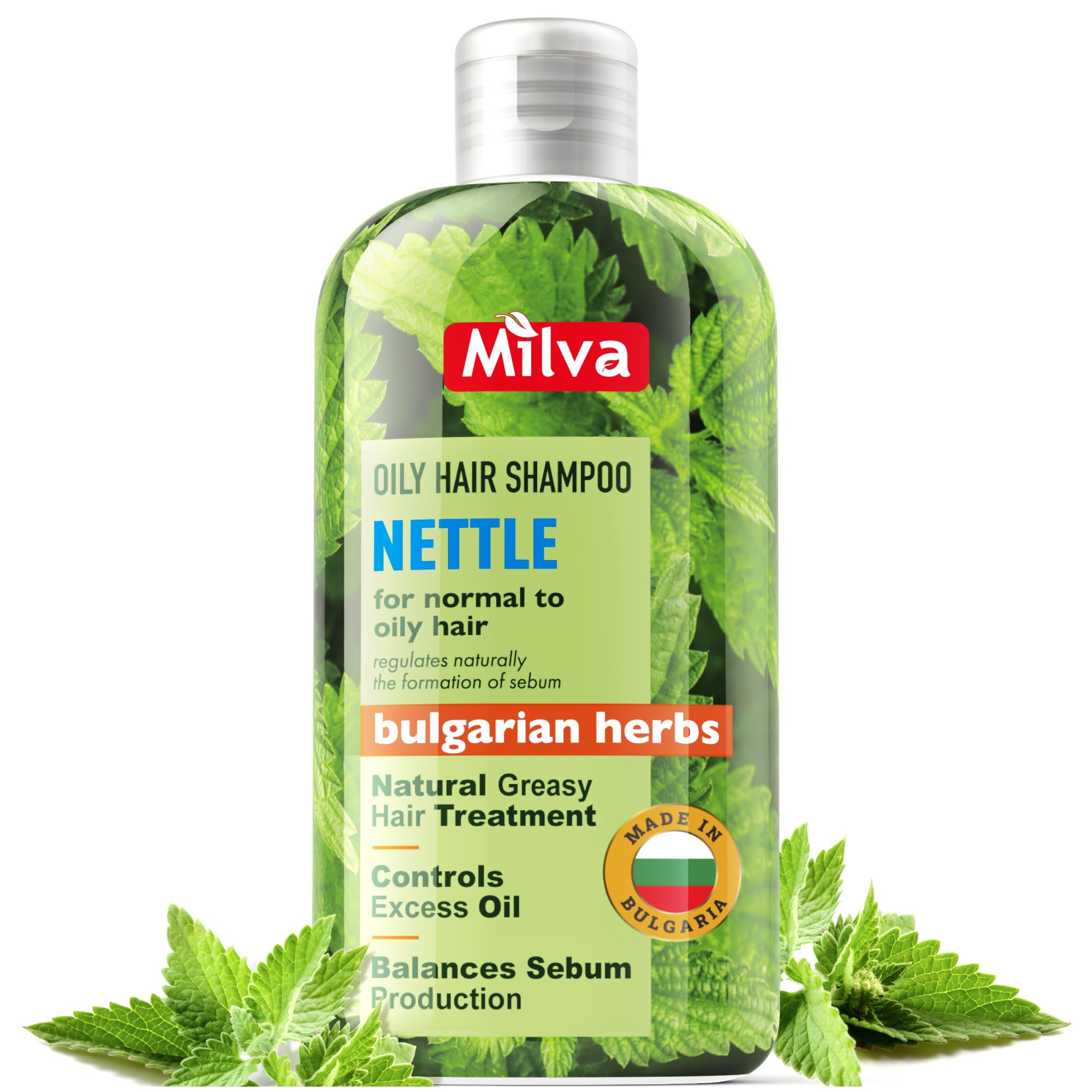 Milva Nettle Shampoo bottle front highlights oil control for oily roots.