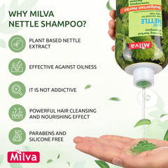 Milva Nettle Shampoo clarifying action demonstrates scalp cleansing and balance.