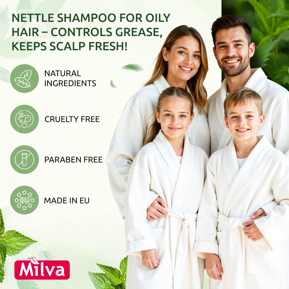 Milva Nettle Shampoo label closeup shows natural nettle ingredients for hair care.