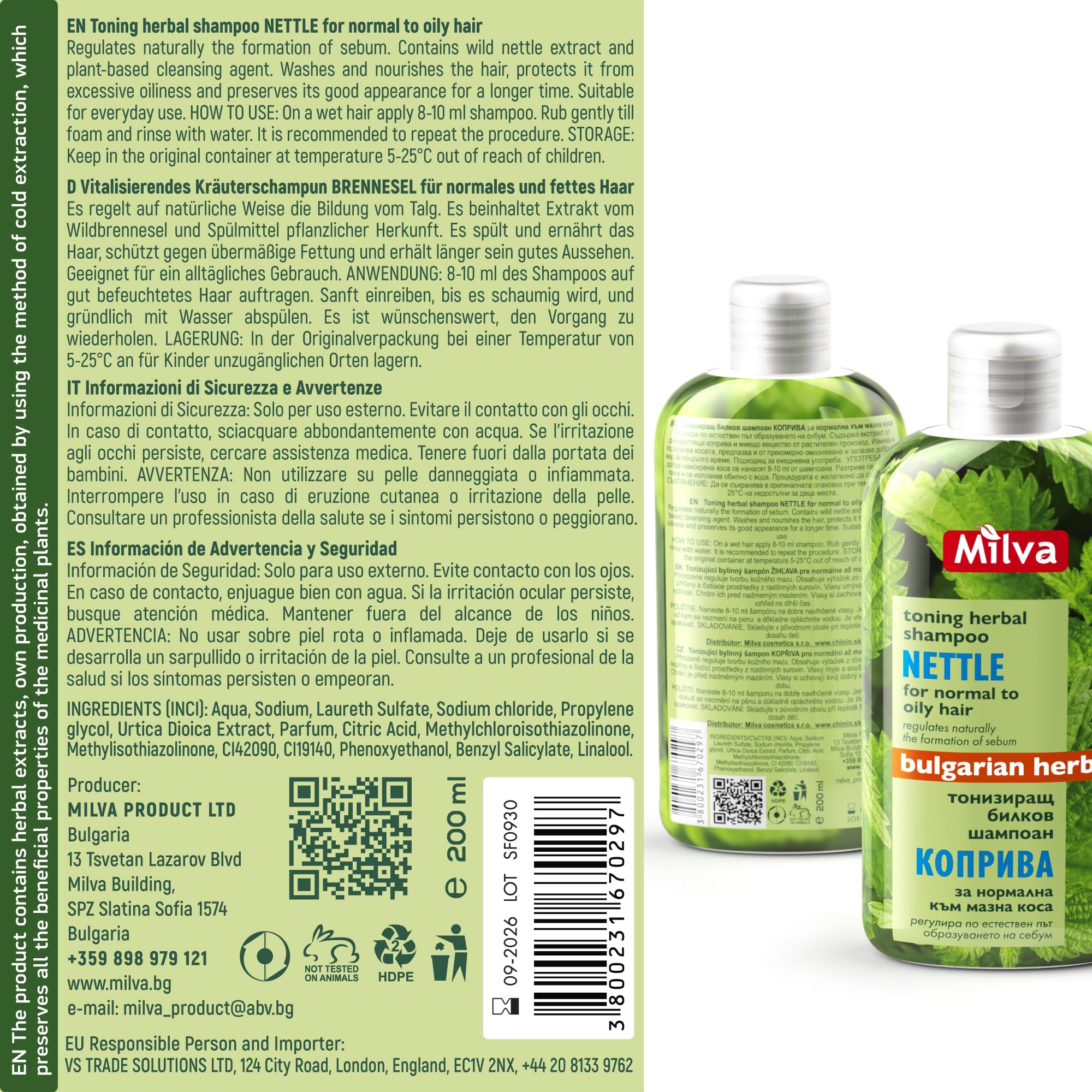 Milva Nettle Shampoo made in Bulgaria packaging label.