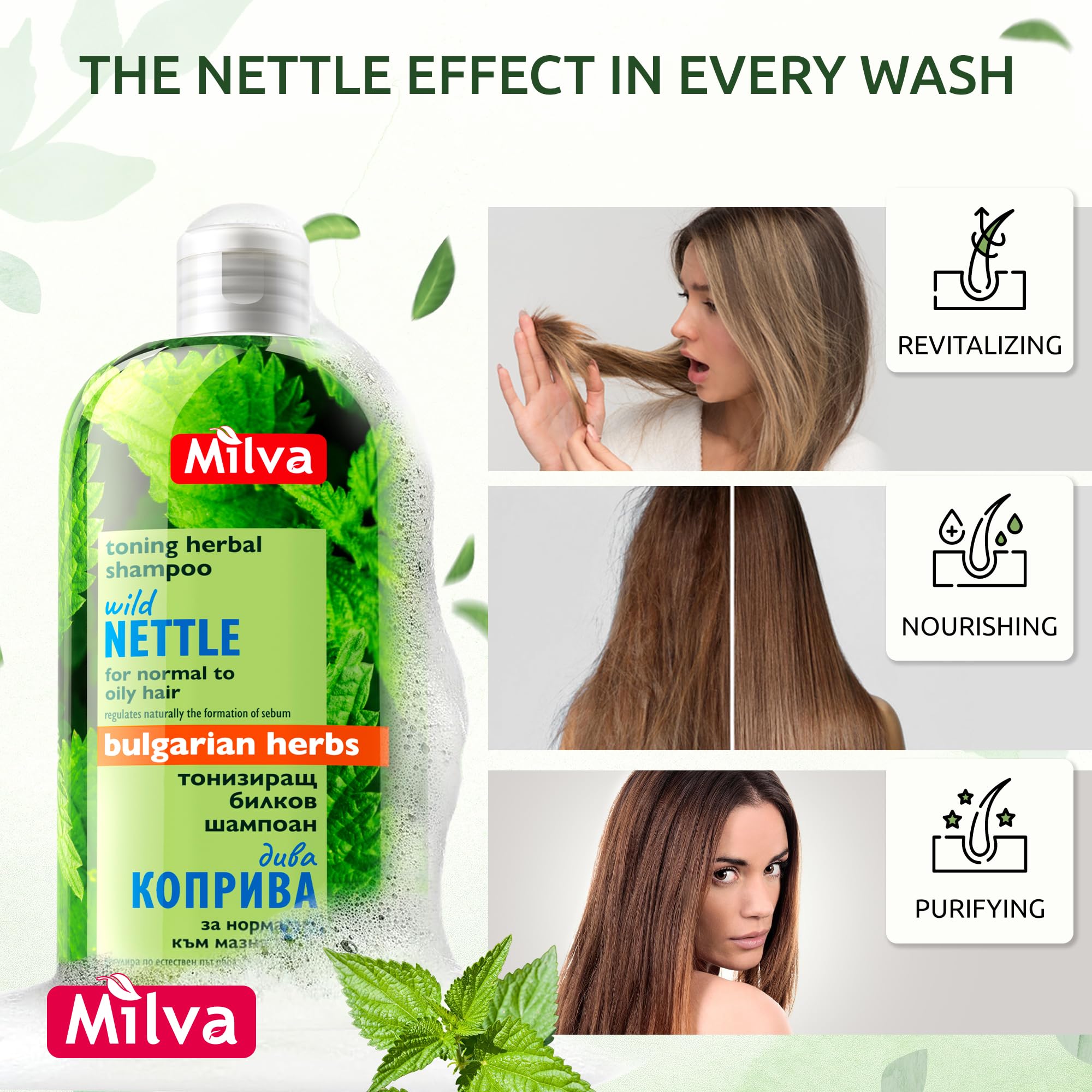 Milva Nettle Shampoo scalp closeup emphasizes oil balance at the roots.