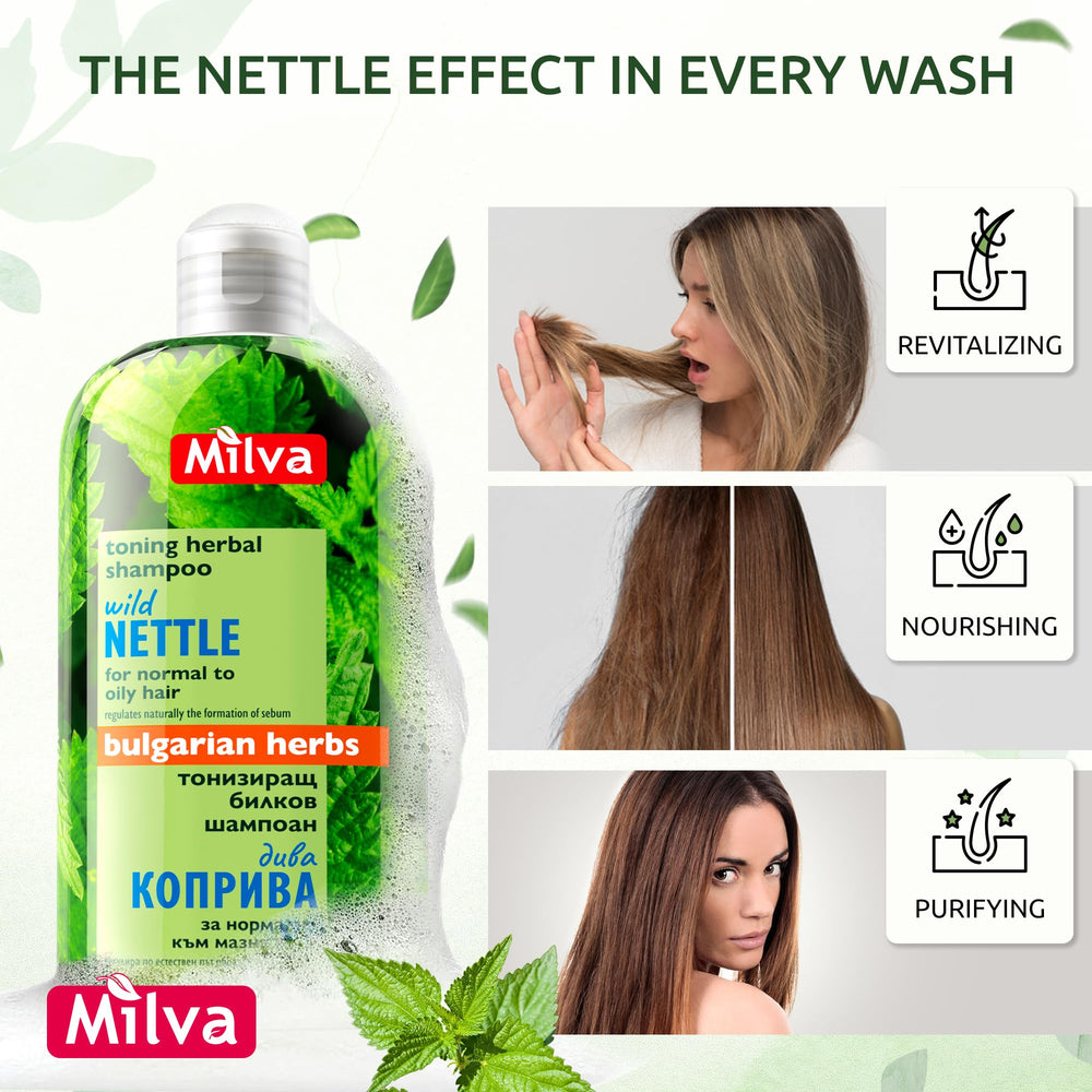 Milva Nettle Shampoo scalp closeup emphasizes oil balance at the roots.
