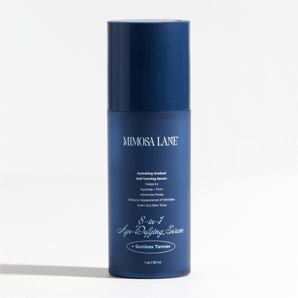 Mimosa Lane Self Tanner glow bottle 1oz showing natural, gradual tan.
