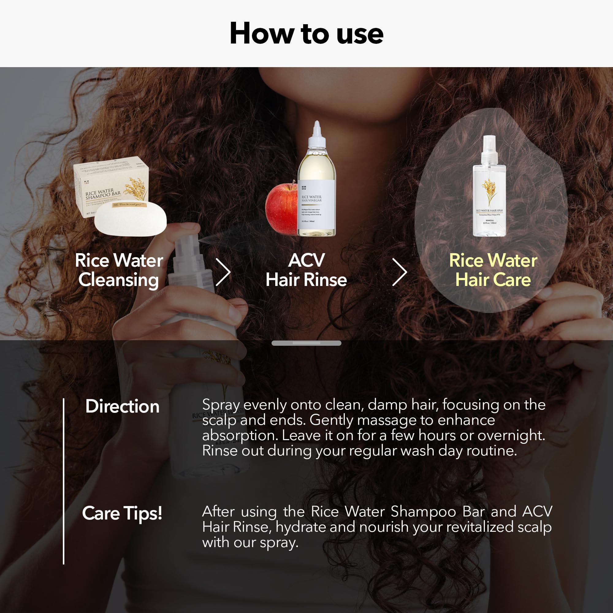 MIMOSU hair elasticity demo after treatment with rice water spray.