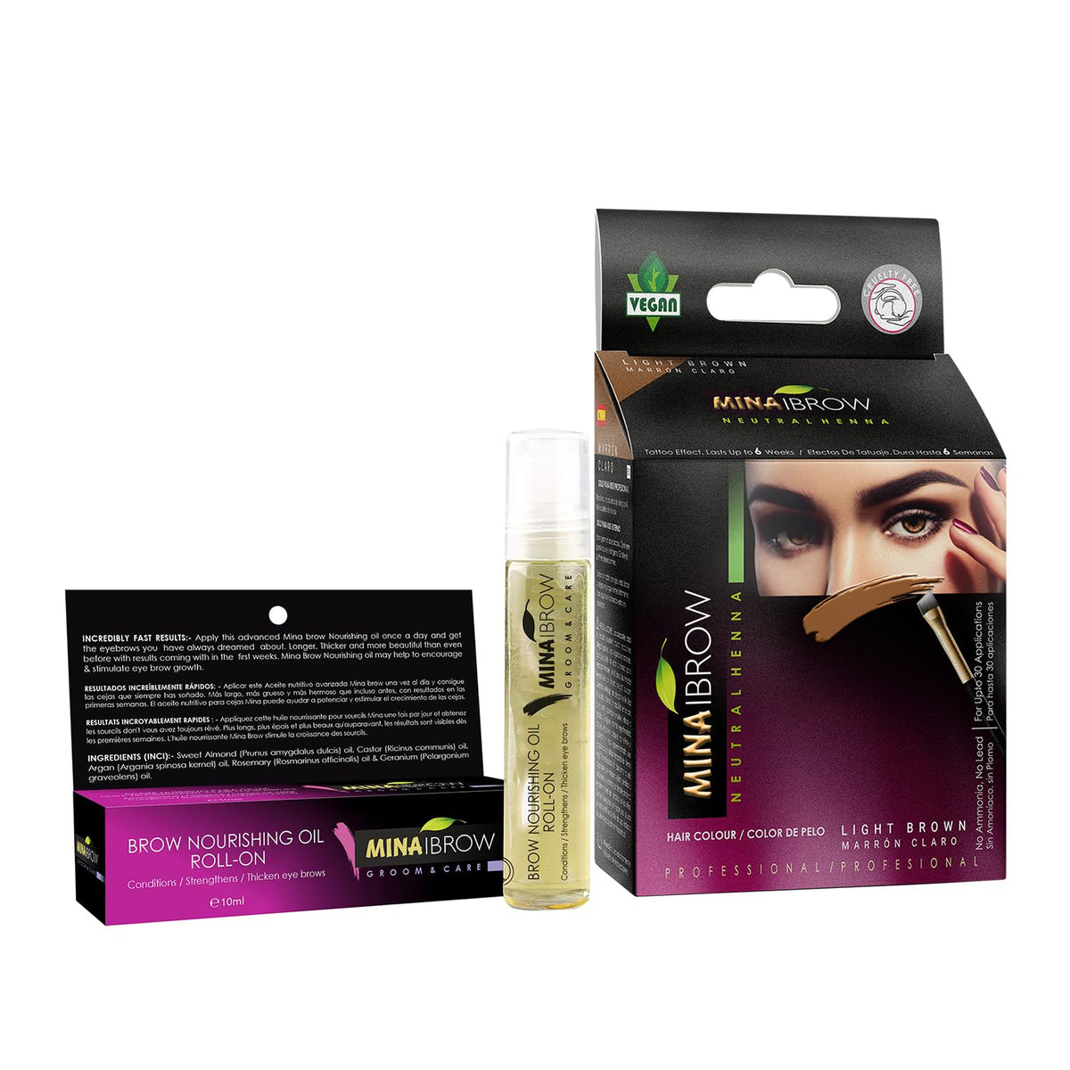 MinaiBrow Light Brown Brow Color packaging shows a clean, natural tint kit for at-home use