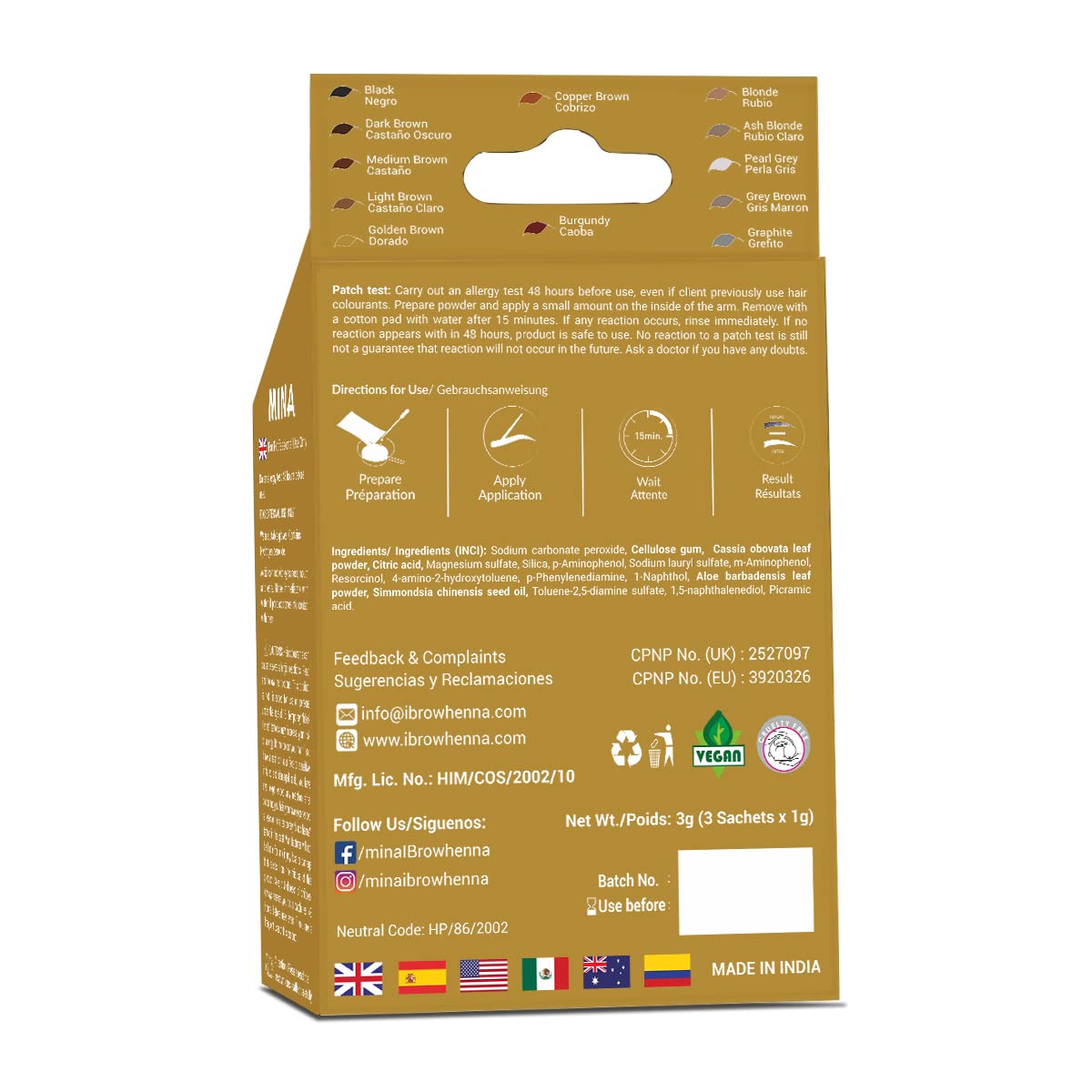 MinaiBrow natural spot coloring powder applied with water for long-lasting color.