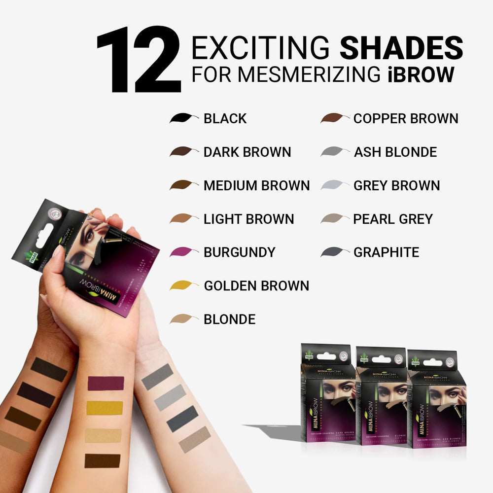 MinaiBrow color swatches showing Dark, Light, and Medium Brown shades