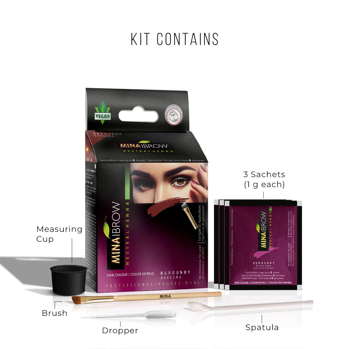 MinaiBrow shade labels Dark, Light, Medium Brown on kit