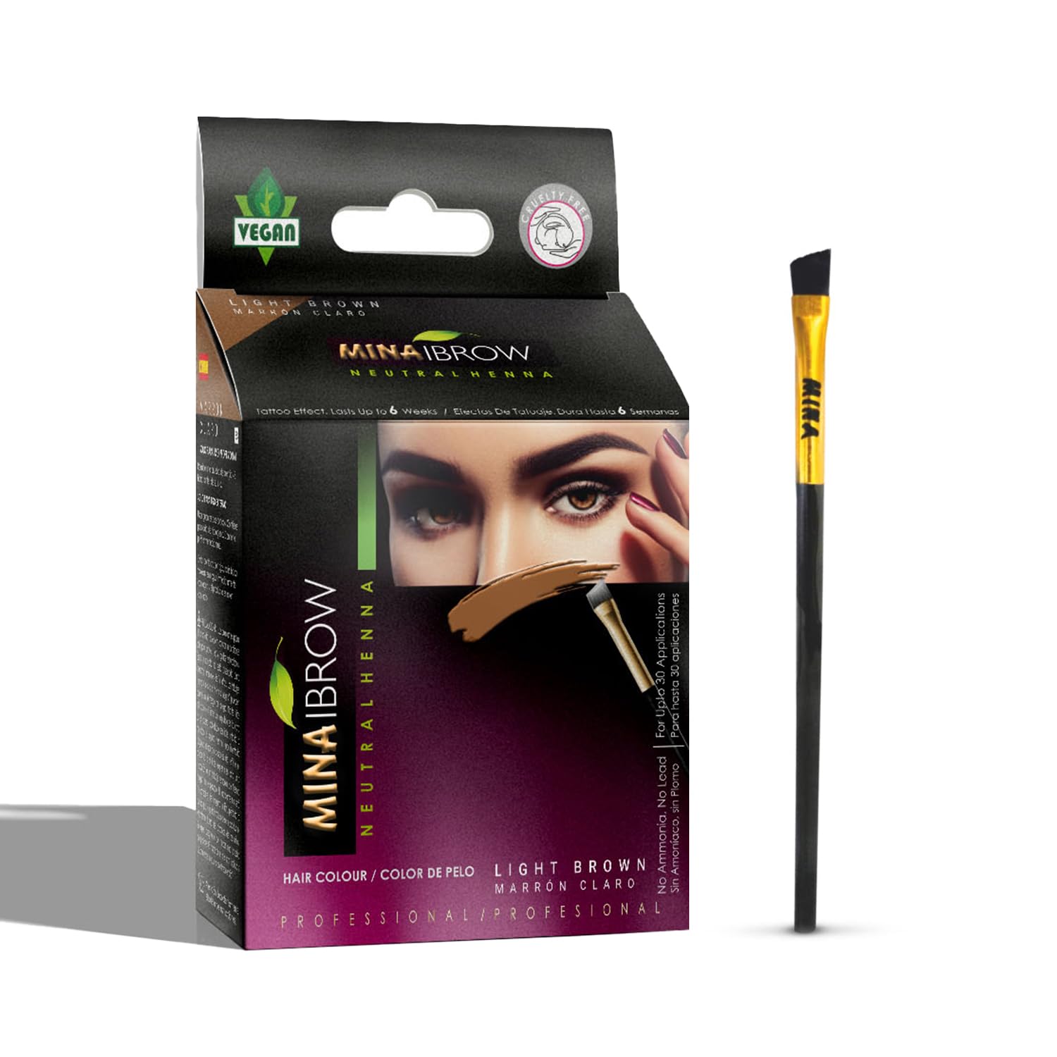 MinaiBrow Tint Kit Light Brown box highlights natural ingredients for gentle brow color