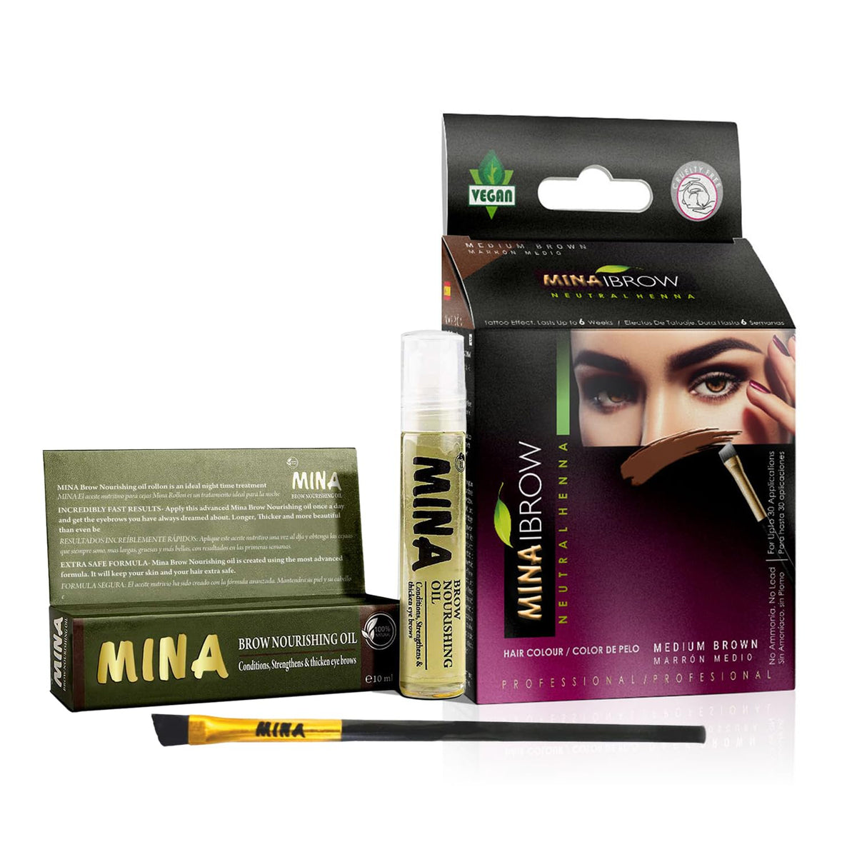 MinaiBrow Tint Kit bottle demonstrates natural medium brown brow color.