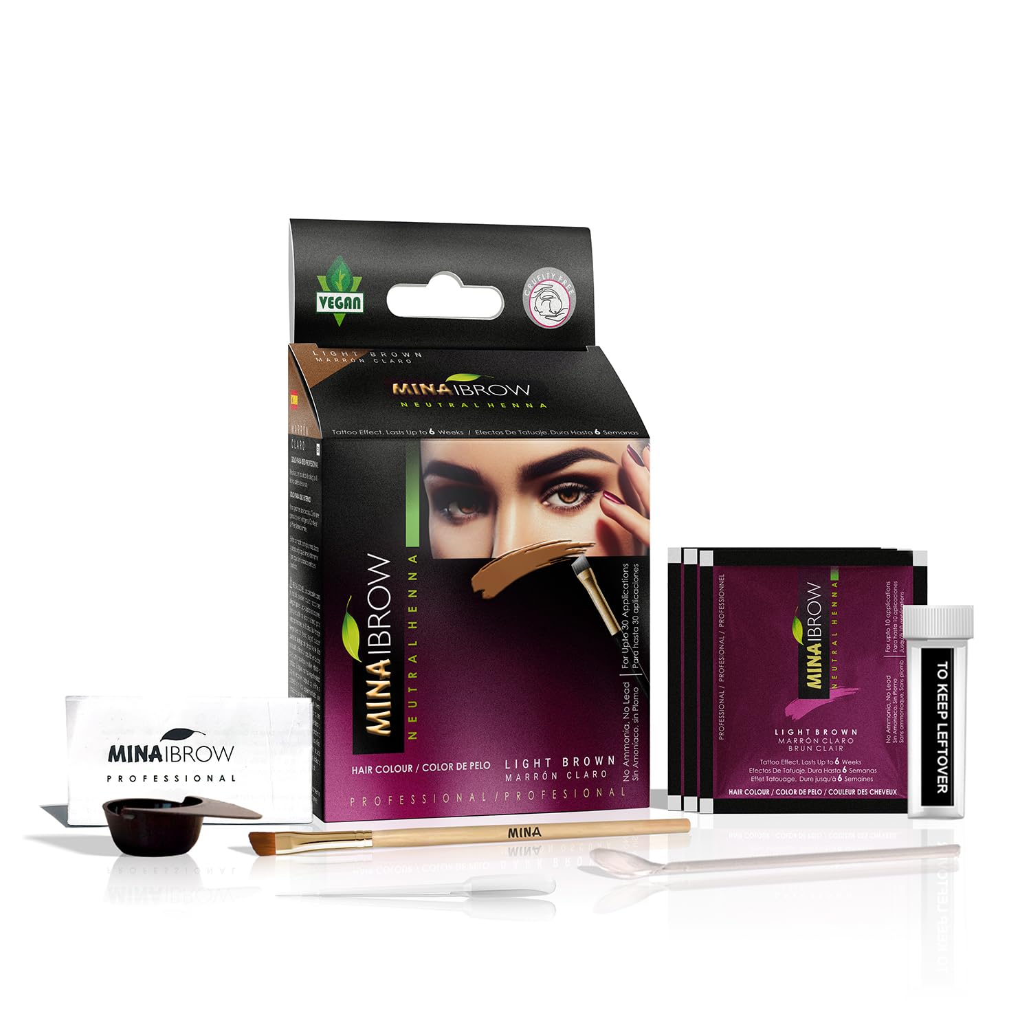 MinaiBrow Tint Kit swatches show shade reference on skin.